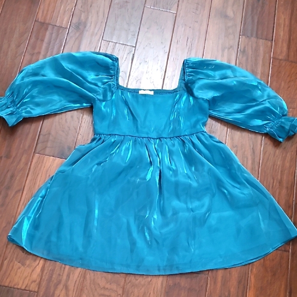 Thirty Thirty Teal Mini Dress with Sheer Poof Sleeves & Smocked Back size XL - Picture 1 of 8